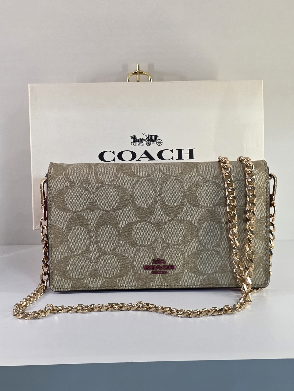 COACH Signature Chain Crossbody Bag in Beige & Tan W/ Hotpink Leather